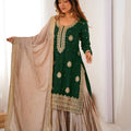 Trendy Dark Green Chinon Silk Embroidered Party Wear Sharara Suit with Dupatta