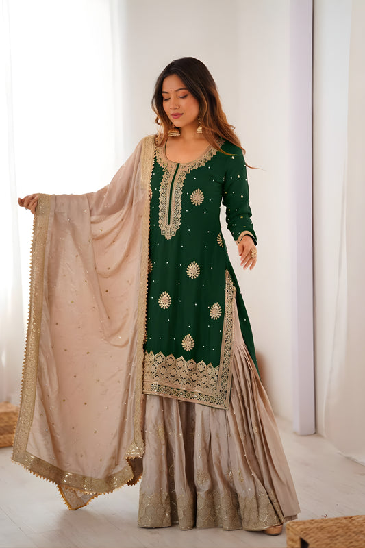 Trendy Dark Green Chinon Silk Embroidered Party Wear Sharara Suit with Dupatta