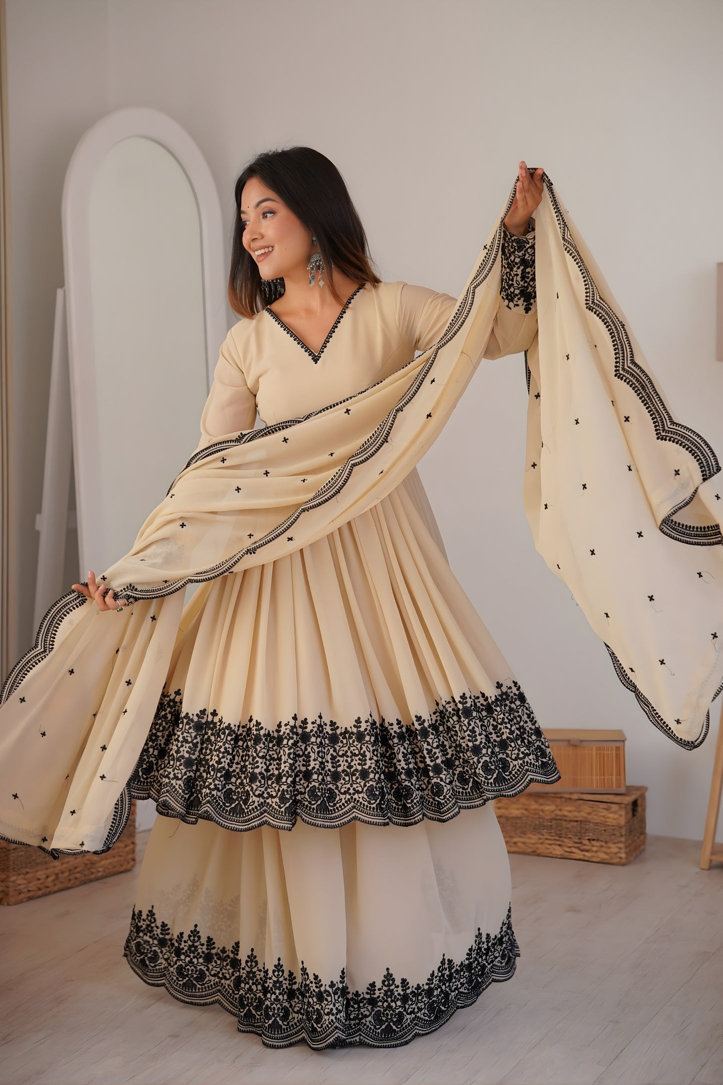 Charming Cream Faux Georgette Embroidered Party Wear Sharara Suit with Dupatta