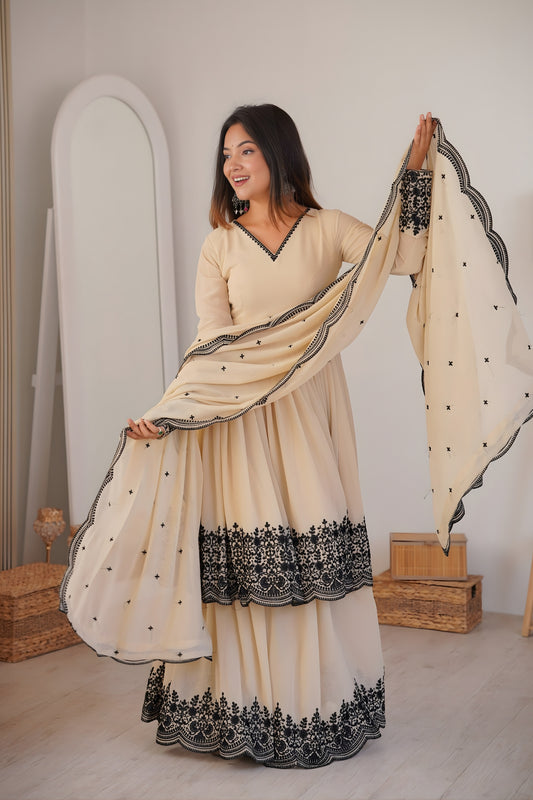Charming Cream Faux Georgette Embroidered Party Wear Sharara Suit with Dupatta