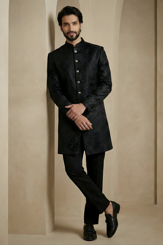 Stylish Black Donier Jacquard Wedding Wear Indo-Western Outfit for Men