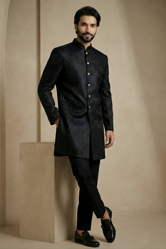 Stylish Black Donier Jacquard Wedding Wear Indo-Western Outfit for Men