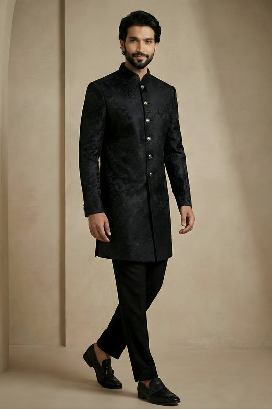 Stylish Black Donier Jacquard Wedding Wear Indo-Western Outfit for Men