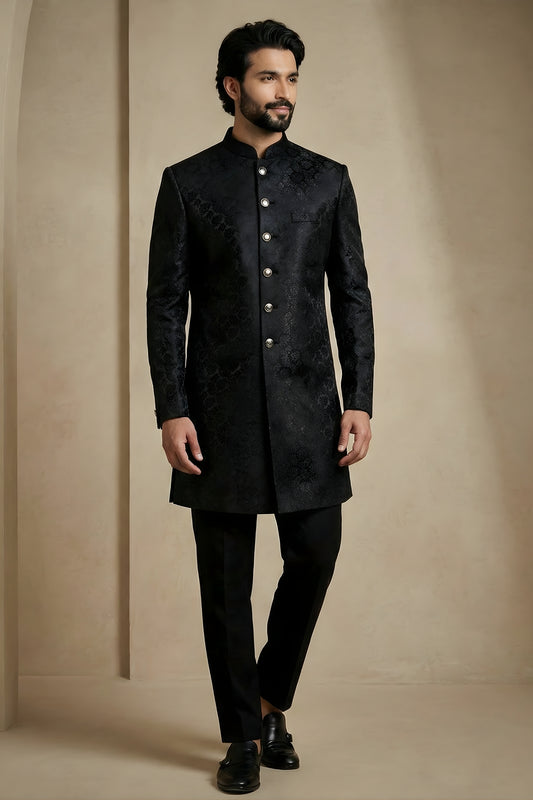 Stylish Black Donier Jacquard Wedding Wear Indo-Western Outfit for Men