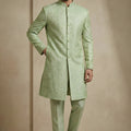Stunning Pista Green Donier Jacquard Wedding Wear Indo-Western Outfit for Men