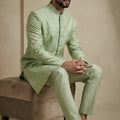 Stunning Pista Green Donier Jacquard Wedding Wear Indo-Western Outfit for Men