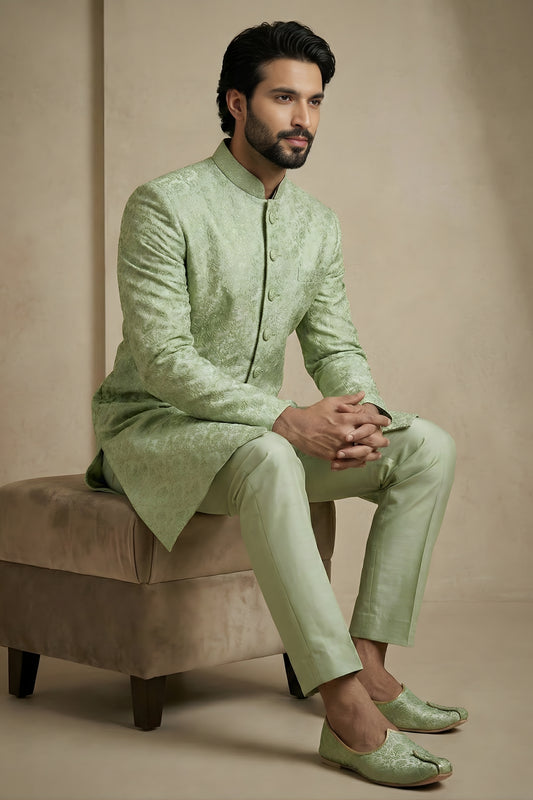 Stunning Pista Green Donier Jacquard Wedding Wear Indo-Western Outfit for Men