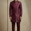 Awesome Maroon Donier Jacquard Wedding Wear Indo-Western Outfit for Men