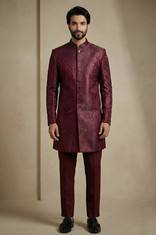 Awesome Maroon Donier Jacquard Wedding Wear Indo-Western Outfit for Men