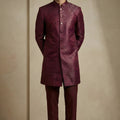 Awesome Maroon Donier Jacquard Wedding Wear Indo-Western Outfit for Men