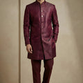 Awesome Maroon Donier Jacquard Wedding Wear Indo-Western Outfit for Men