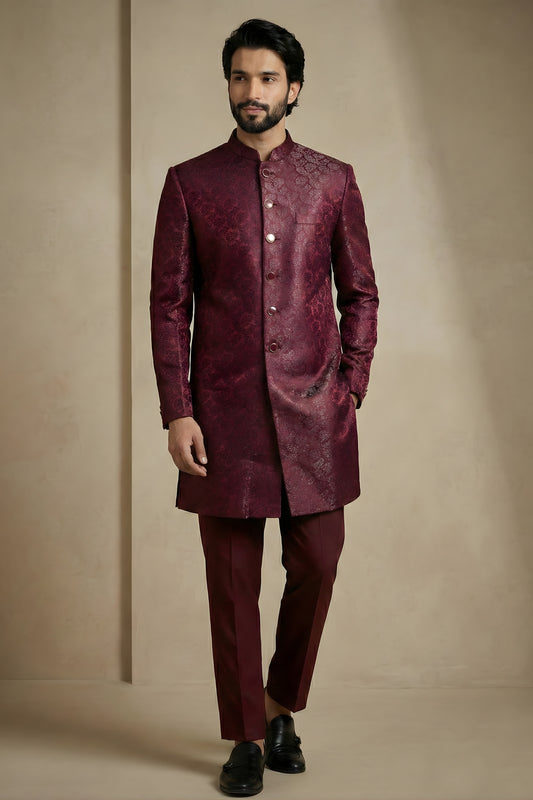 Awesome Maroon Donier Jacquard Wedding Wear Indo-Western Outfit for Men