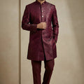 Awesome Maroon Donier Jacquard Wedding Wear Indo-Western Outfit for Men