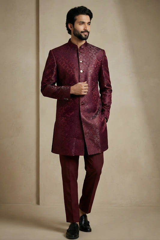 Awesome Maroon Donier Jacquard Wedding Wear Indo-Western Outfit for Men
