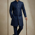 Fancy Navy Blue Donier Jacquard Wedding Wear Indo-Western Outfit for Men