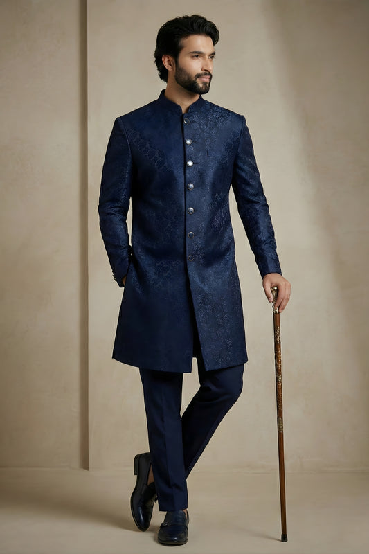 Fancy Navy Blue Donier Jacquard Wedding Wear Indo-Western Outfit for Men