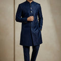 Fancy Navy Blue Donier Jacquard Wedding Wear Indo-Western Outfit for Men