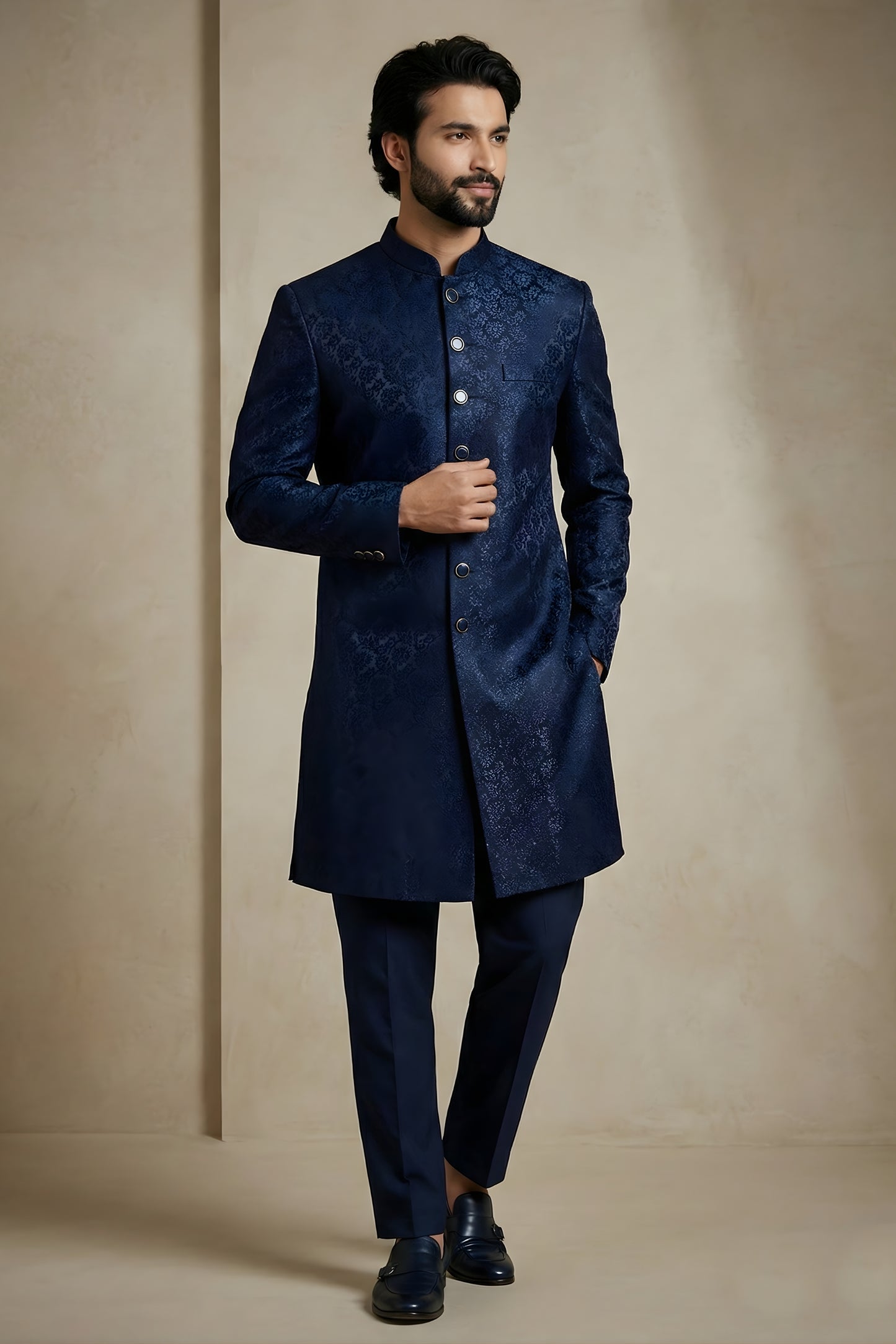 Fancy Navy Blue Donier Jacquard Wedding Wear Indo-Western Outfit for Men