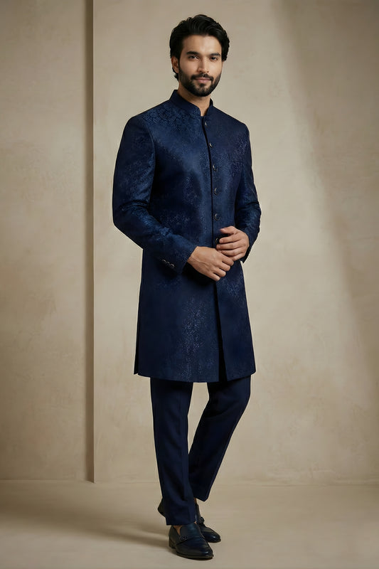 Fancy Navy Blue Donier Jacquard Wedding Wear Indo-Western Outfit for Men