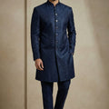 Fancy Navy Blue Donier Jacquard Wedding Wear Indo-Western Outfit for Men