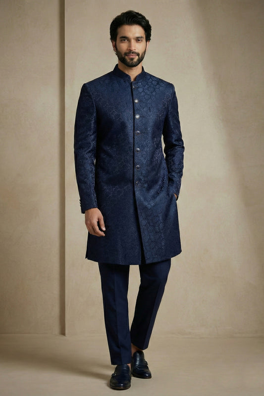 Fancy Navy Blue Donier Jacquard Wedding Wear Indo-Western Outfit for Men