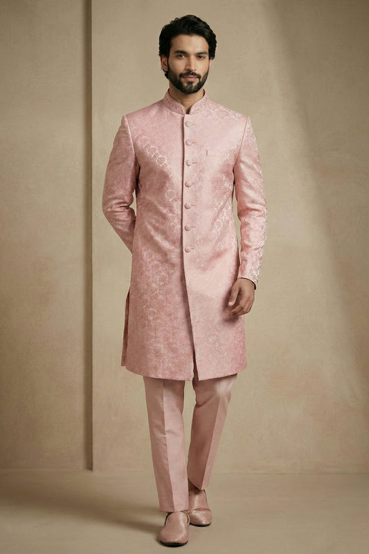 Charming Pink Donier Jacquard Wedding Wear Indo-Western Outfit for Men