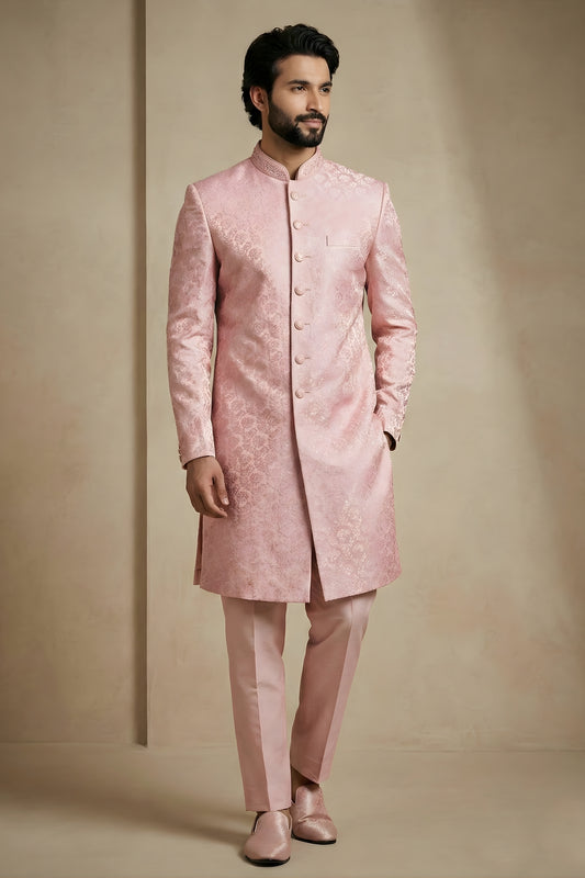 Charming Pink Donier Jacquard Wedding Wear Indo-Western Outfit for Men