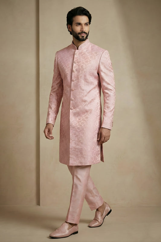 Charming Pink Donier Jacquard Wedding Wear Indo-Western Outfit for Men