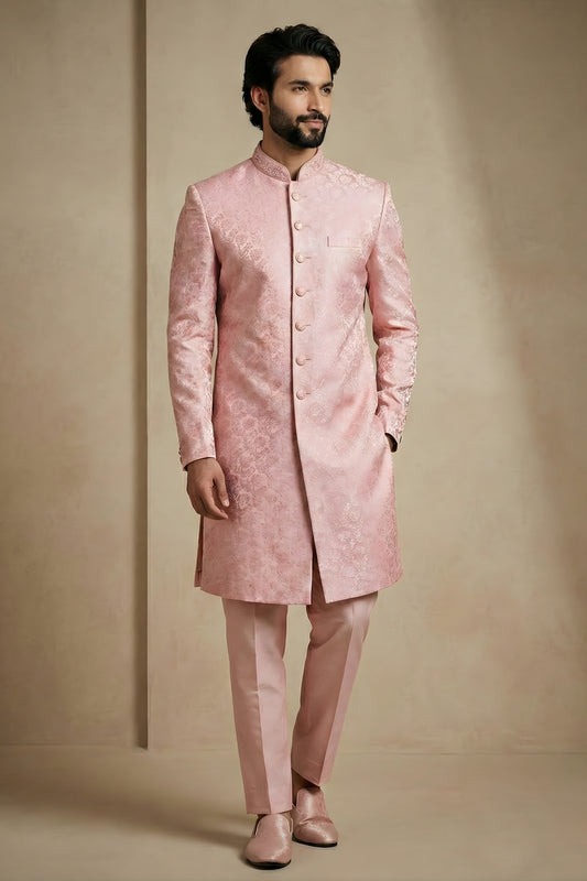Charming Pink Donier Jacquard Wedding Wear Indo-Western Outfit for Men