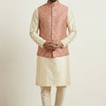 Elegant Gold Banarasi Dhupion Kurta Pyjama Set with Pink Jacquard Silk Jacket for Men