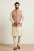 Elegant Gold Banarasi Dhupion Kurta Pyjama Set with Pink Jacquard Silk Jacket for Men