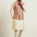 Elegant Gold Banarasi Dhupion Kurta Pyjama Set with Pink Jacquard Silk Jacket for Men