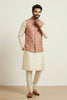 Elegant Gold Banarasi Dhupion Kurta Pyjama Set with Pink Jacquard Silk Jacket for Men