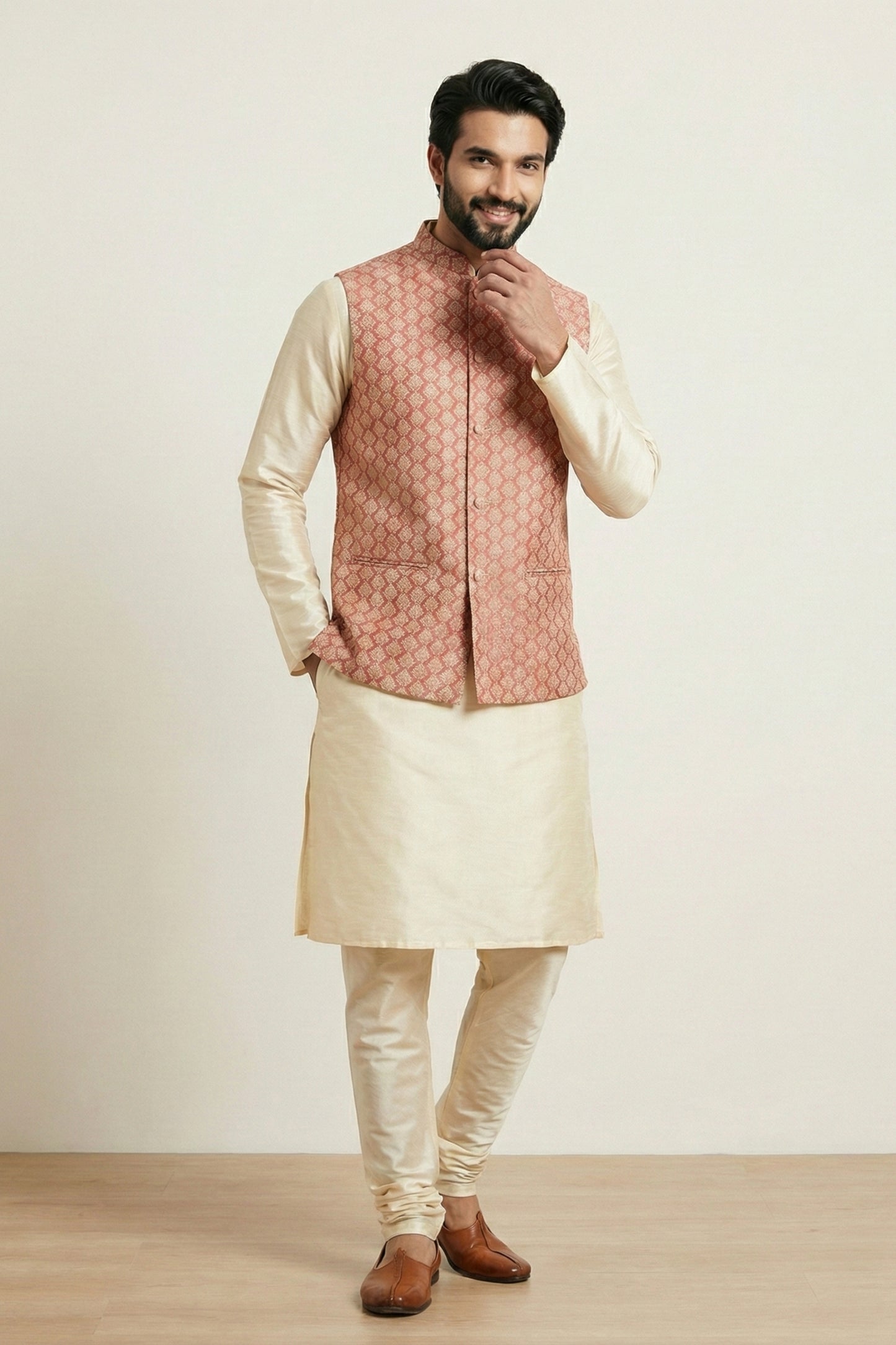 Elegant Gold Banarasi Dhupion Kurta Pyjama Set with Pink Jacquard Silk Jacket for Men
