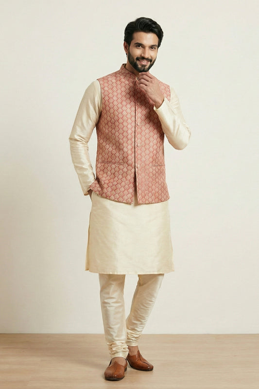 Elegant Gold Banarasi Dhupion Kurta Pyjama Set with Pink Jacquard Silk Jacket for Men