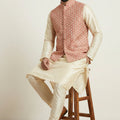 Elegant Gold Banarasi Dhupion Kurta Pyjama Set with Pink Jacquard Silk Jacket for Men