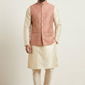 Elegant Gold Banarasi Dhupion Kurta Pyjama Set with Pink Jacquard Silk Jacket for Men 