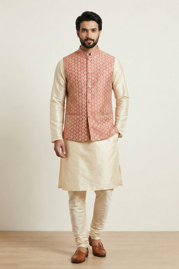 Elegant Gold Banarasi Dhupion Kurta Pyjama Set with Pink Jacquard Silk Jacket for Men 