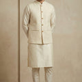 Stylish Cream Jacquard Silk Jacket with Off-White Banarasi Dhupion Kurta Pajama Set