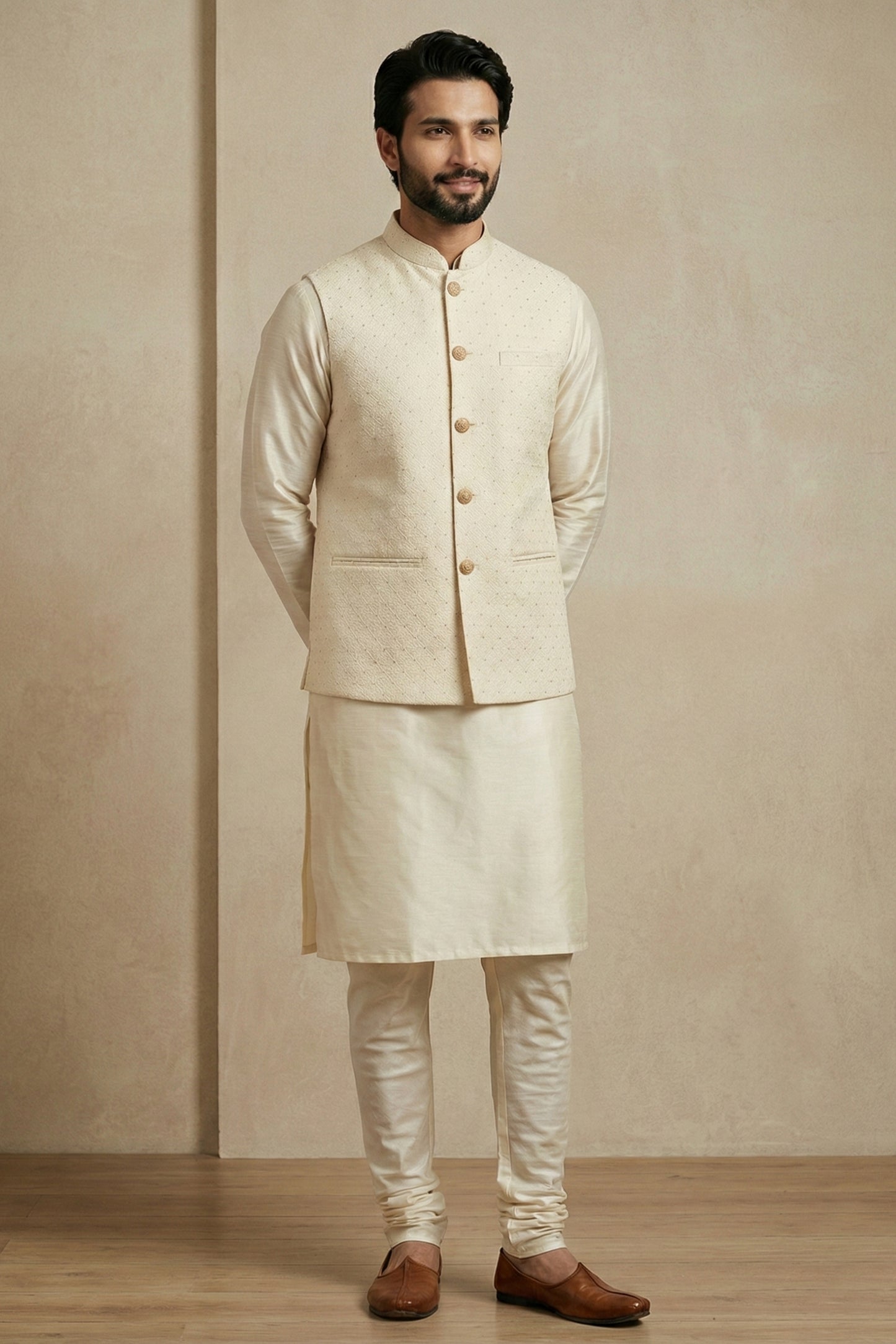 Stylish Cream Jacquard Silk Jacket with Off-White Banarasi Dhupion Kurta Pajama Set