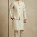 Stylish Cream Jacquard Silk Jacket with Off-White Banarasi Dhupion Kurta Pajama Set