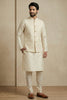 Stylish Cream Jacquard Silk Jacket with Off-White Banarasi Dhupion Kurta Pajama Set