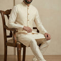 Stylish Cream Jacquard Silk Jacket with Off-White Banarasi Dhupion Kurta Pajama Set