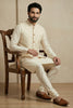 Stylish Cream Jacquard Silk Jacket with Off-White Banarasi Dhupion Kurta Pajama Set