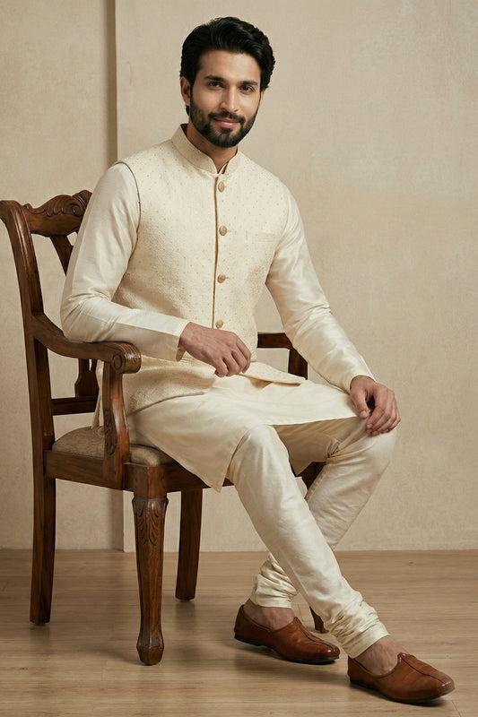 Stylish Cream Jacquard Silk Jacket with Off-White Banarasi Dhupion Kurta Pajama Set