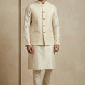 Stylish Cream Jacquard Silk Jacket with Off-White Banarasi Dhupion Kurta Pajama Set