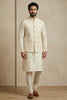 Stylish Cream Jacquard Silk Jacket with Off-White Banarasi Dhupion Kurta Pajama Set