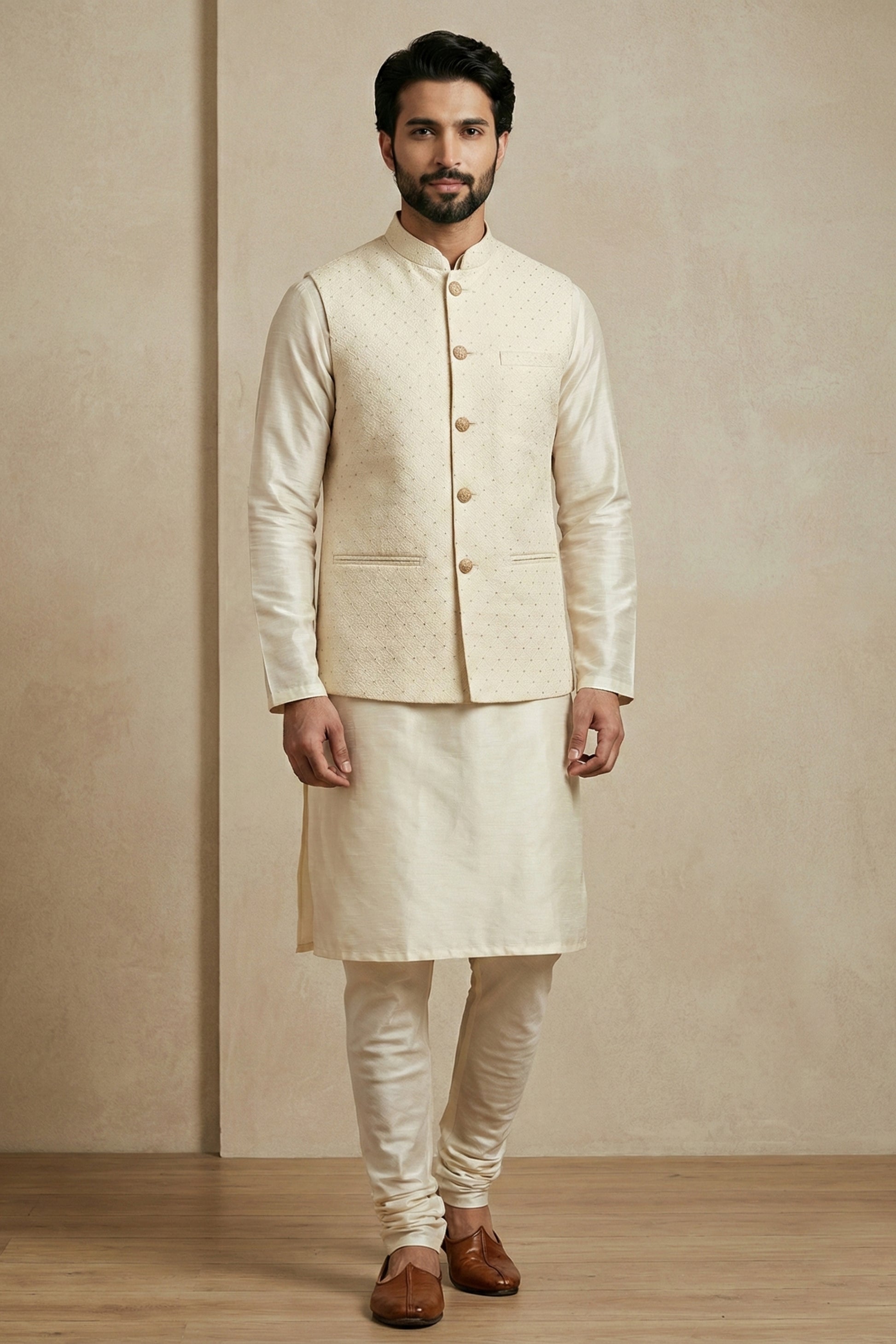 Stylish Cream Jacquard Silk Jacket with Off-White Banarasi Dhupion Kurta Pajama Set