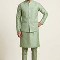 Fancy Pista Green Jacquard Silk Jacket with Banarasi Dhupion Kurta Pyjama Set for Men