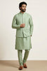 Fancy Pista Green Jacquard Silk Jacket with Banarasi Dhupion Kurta Pyjama Set for Men